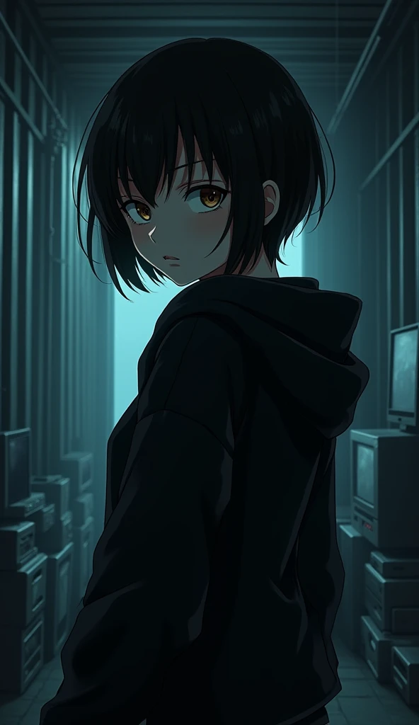 l(anime) woman, gangster, medium brown eyes, black hair, short hair, hoodie, brunette, bdsm, looking back, standing, shed, container, computers, sunset, evil face, bad, psychopath, high quality