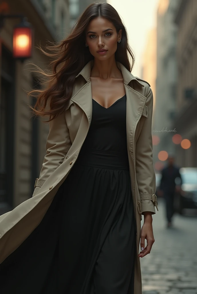 A slim and elegant woman with long chocolate , hair wearing a long skirt and a long trench coat 