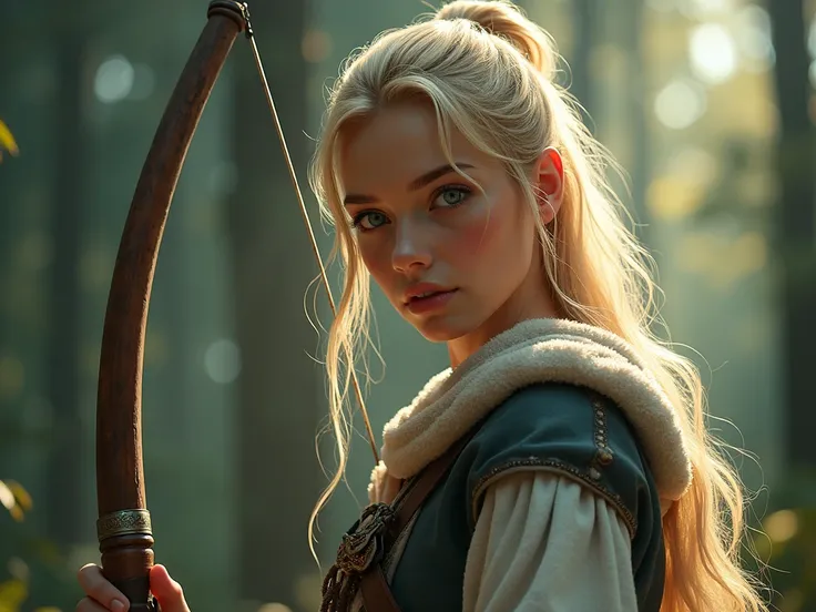 Detailed alluring blonde haired warrior, highly detailed arms and muscles, 1girl, hyper-realistic, 8k, realistic, highly detailed, cinematic lighting, realistic skin texture, alluring blue eyes, flowing hair, holding a huge crossbow with delicate details, ...