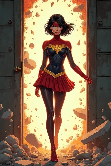 Comic Mary Marvel Shazam Pretty Short Black Hair Blue Eyes Mini Skirts Stockings destroys an armoured armored door leaving a huge hole and walking through it quietly 