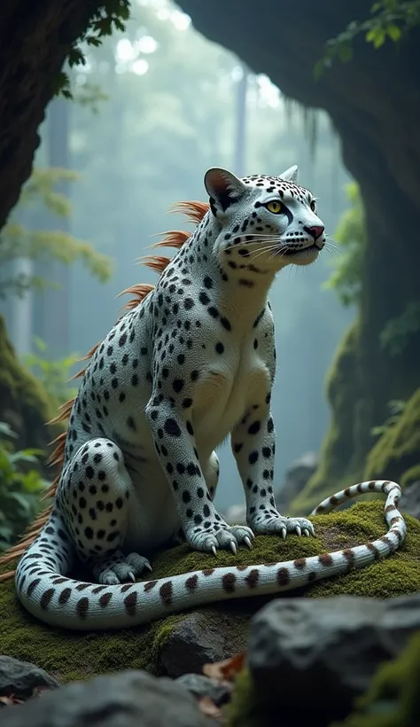 "Create a hybrid animal combining an iguana and a snow leopard. The creature should have the muscular body and elegant fur patterns of a snow leopard, merged with the textured, scaled skin and spines of an iguana. Its face should blend feline grace with re...