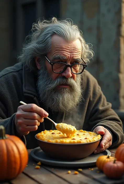 A fat gray big hair and bearded hobo with glasses eating a big bowl of cheese sufle with pumpkin by his side