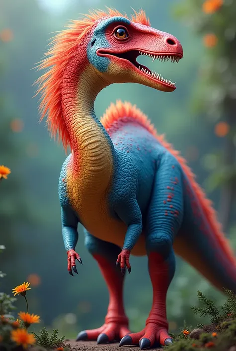 Create the most beautiful image of a dinosaur,  artistic , realistic, colorful, gallimimus, plumas