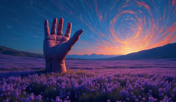  A giant palm rests on a field of night flowers that shine like stars.  The lines of the hand transform into rivers of light that flow to the horizon , where swirls in Van Gogh style paint the sky with shades of lilac , orange and deep blue .