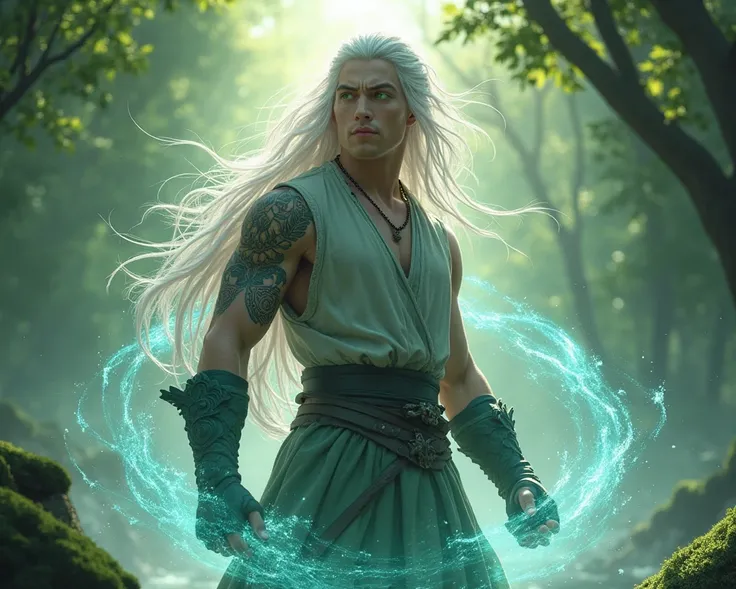 Fea warrior prince, young looking, tall over 6', strong, athletic, masculine, fair skin, long white hair, forest green eyes, fea tattoos on left side of his face and neck, simple fea clothes, summoning water magic around him, Floating Hair, Messy Hair, Poi...