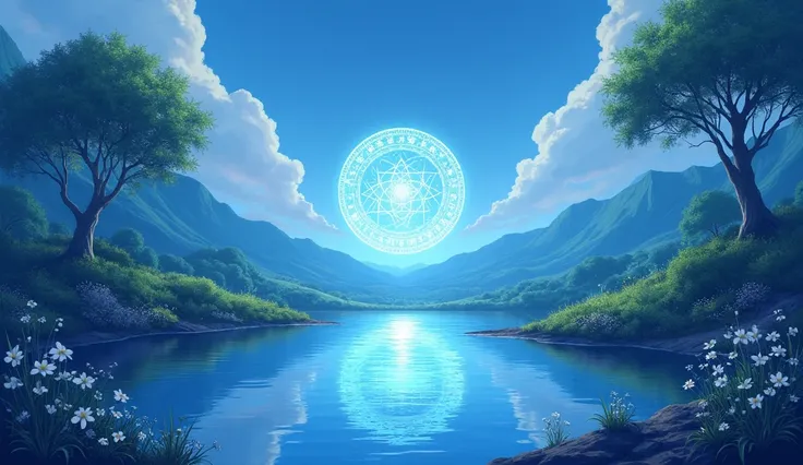 Anime art style, Nice and smooth blue background landscape with a magic circle