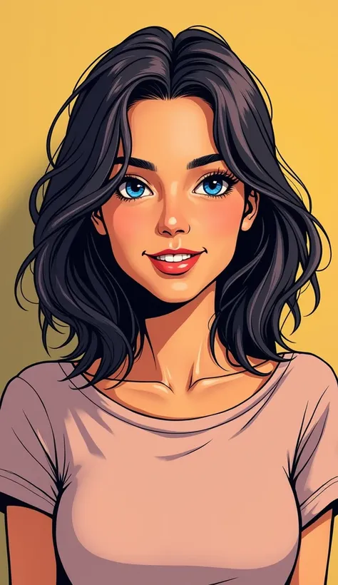 DISCREET image. with discreet casual clothes. image adult woman, american, comic book style. with a discreet smile. IMAGES WITH VIBRANT COLORS. focus on face