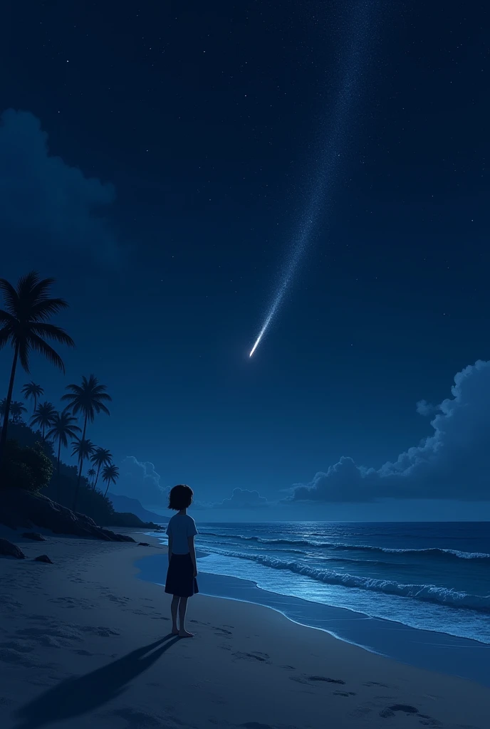 Beach, sea  ,, sand, night, and shooting star 