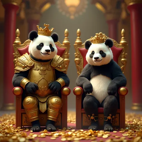 create an image with a couple of pandas, one of the pandas is big and muscular and strong wearing gold armor wearing a king's crown, and the other panda is female make her with breasts and wearing a queen's crown and thin, sitting on two thrones in the mid...