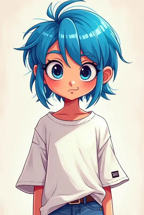 Teenage cartoon with wide white white shirt and blue hair