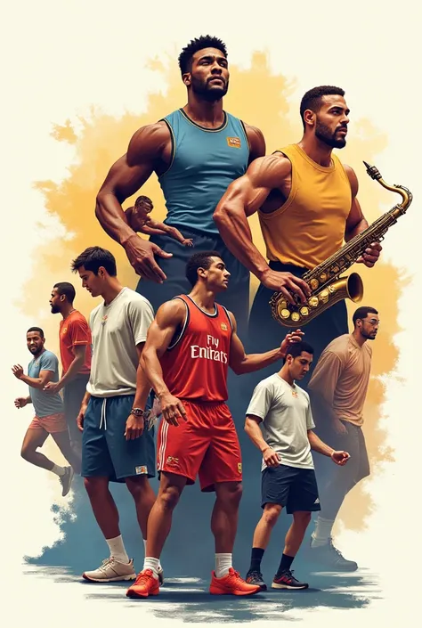 A poster with images of male athletes, Also a musician ( saxophonist ), A man dancing And that everyone be teachers