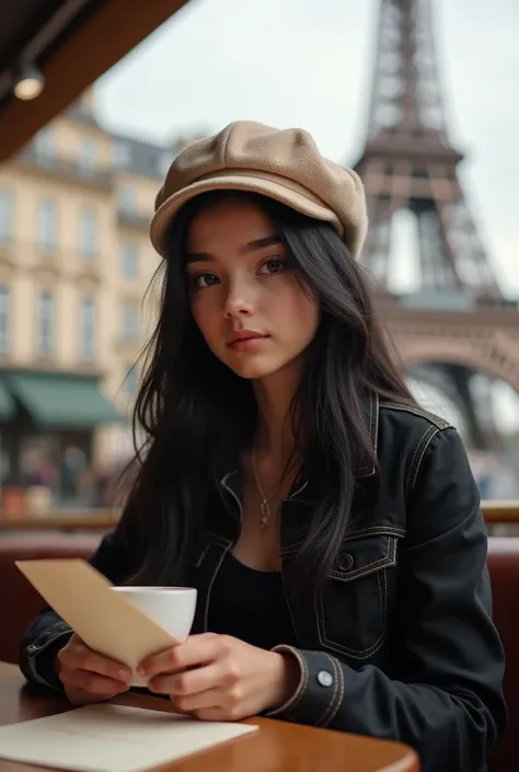  Create a portrait with a realistic high-resolution photograph of 
 a 15-year-old girl who is drinking coffee in a coffee shop near the Eiffel Tower, And reading a letter the girl has long black hair , that falls flat on her shoulders .  
 She has a light ...