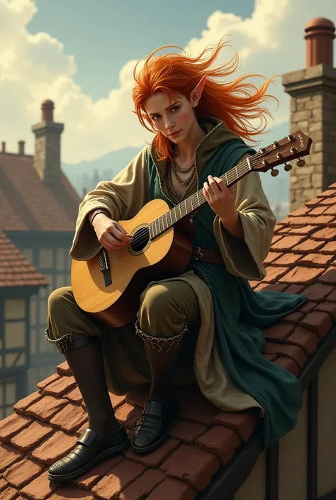 In realistic medieval style ,  create an elf man sitting on top of a roof, With red hair in the wind playing a guitar 