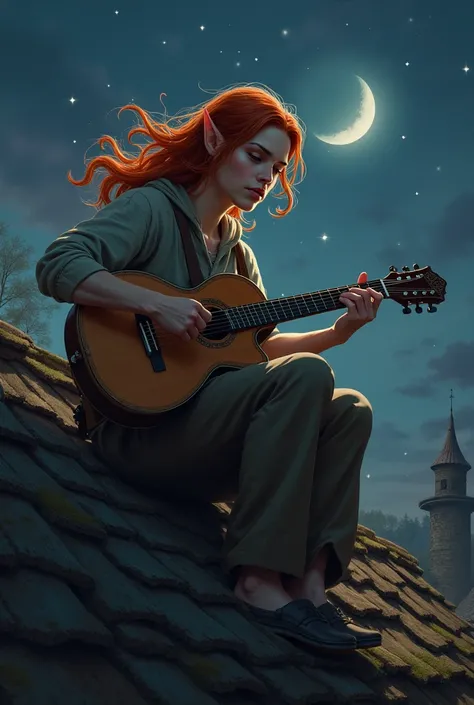 in medieval style,  create an elf man sitting on top of a roof,  style with red hair in the wind playing a guitar at night