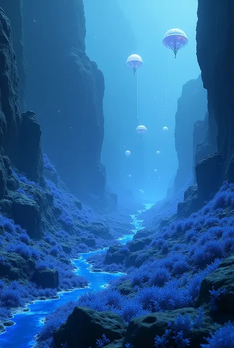 A hyper-realistic depiction of a planet with extreme alien conditions, such as glowing blue vegetation, floating rocks, and an eerie atmosphere filled with bioluminescent creatures.