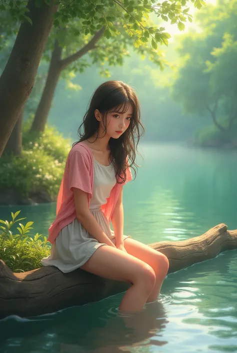 realistic, A cute girl sitting on a log by a river, short cotton skirt, pink open blouse, 