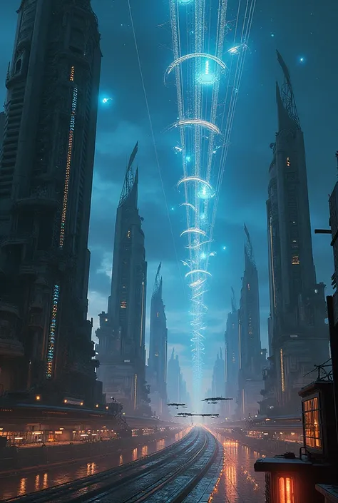 An alien civilization’s cityscape at night, featuring towering, glowing structures, advanced energy grids, and a sky filled with unidentified flying crafts in perfect formation.