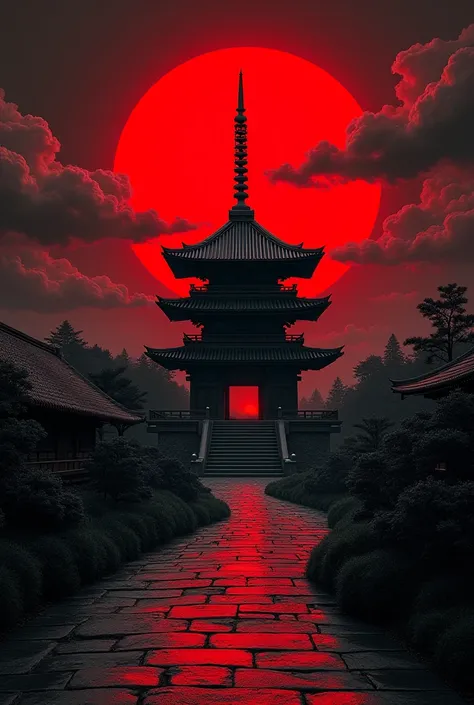  Japanese temple black and white, Red light shadows , red moon,  Japanese clouds design 