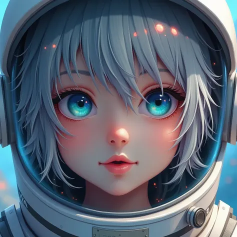  Close-up version of an improved masterpiece:1.5)0.9], (Space and astronauts:1.2) ( Messy silver hair :1.1) ( Heterochromia: xanthochromia and blue eyes :1.2) (space helmet:1.0) ( Colored stars in the eyes:1.0) (A radiant glow:1.1) ( thick lips :0.9)