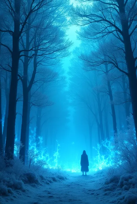 A forest covered in blue flames that freeze the trees 