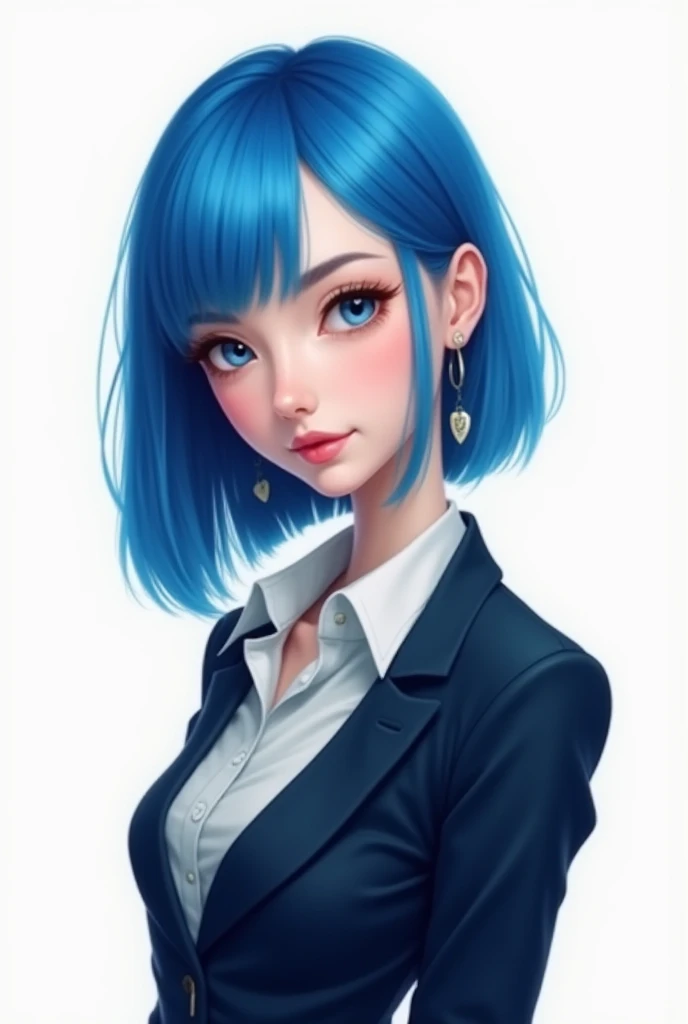 Best Quality, masterpiece, vibrant, (White Background), (Office outfit, office lady, formalwear),thin, petite straight hair, blue hair, straight bob cut, long hair, ((white background))