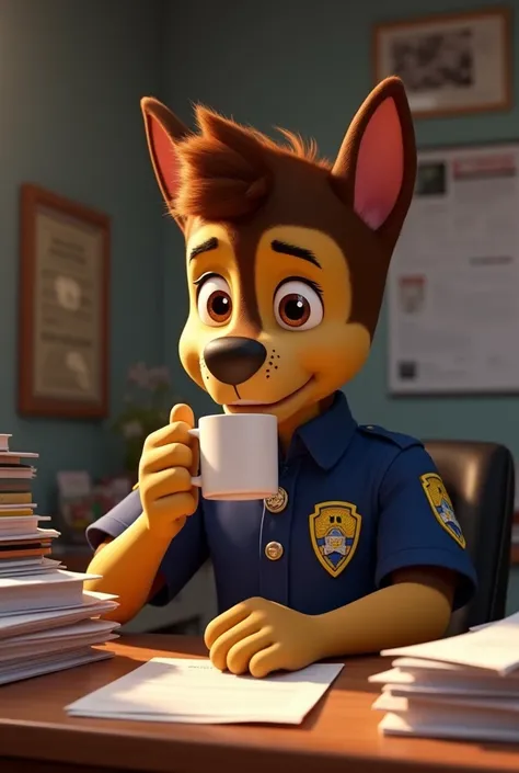  Chase from the humanized Paw Patrol drinking a cup of coffee in his half-cluttered office, with papers and documents on his desk 