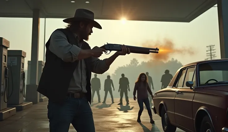 4. (Stock Photo Style) A rugged man with a shotgun firing at approaching zombies outside the gas station. Smoke curls from the barrel of the gun, and the zombies are mid-collapse. The mother and daughter crouch behind a car, looking terrified but hopeful.