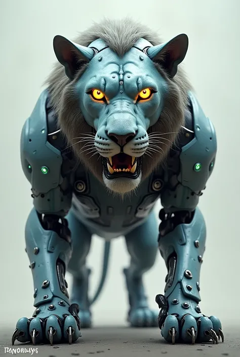 The robot lion stands with an angry face one eye blue one eye yellow watch us