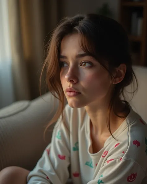 4k Photography.  High quality.  masterpiece,  best quality. The sad young woman isolated with tears in her eyes in pajamas . sitting on the sofa in the living room(( masterpiece)),   extremely detailed ,  best quality,  High resolution little bear.  blurry...