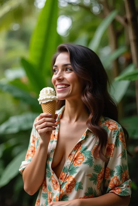  A Brazilian woman in a lush tropical garden,  wearing an open shirt with floral print ,  with a close-up capturing the harmonious beauty between it and the natural flowers ,  showing her natural charm and outgoing personality,  eating ice cream as you say...