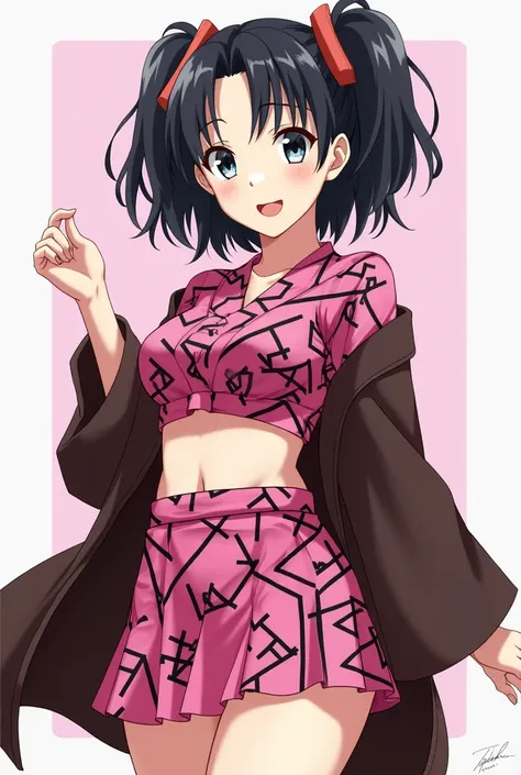 Nezuko Kamado in a pink crop top with a black geometric pattern and a pink short skirt with a black geometric pattern with a dark brown Haori fastened around her waist. 