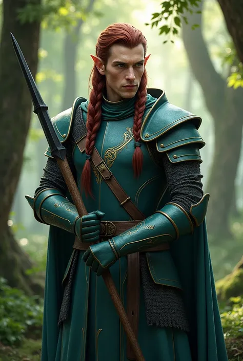 good looking dark red-haired male wood elf Green Knight with long braided hair, clad in teal armor and wielding a black halbard