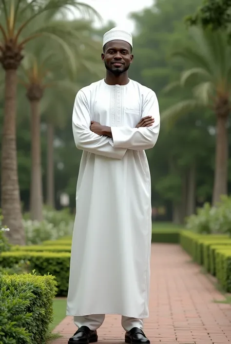 a highly detailed photorealistic 3D render of an african young man with a chocolate skin, dressed in a white stylish hausa attire, wearing a well designed white arabian cap and a a black half shoe. The man is standing in a beautiful garden, standing and  f...