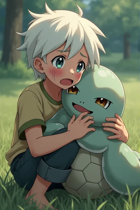 A crying White boy pokemon trainer hug a cloyster