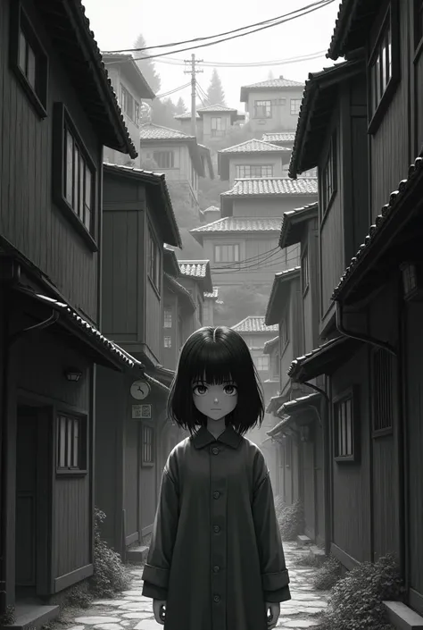 girl in gray color there are crowded wooden houses make picture black and white make people add