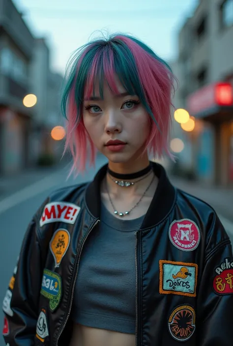 an 28 year old beautiful Japanese punk woman, dystopian street scene, closeup, front view, off center, (lkawaii bomber jacket:1.3) many patches funky colors, varied hair colors highlights, multicolored punk hair, buzzcut haircut, dark grey crop top t-shirt...