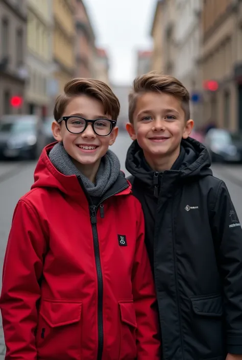 smiling boy in red jacket and glasses standing next to a boy in black jacket, a picture by Nándor Katona, instagram, danube school, aykut aydogdu, enes dirig, happily smiling at the camera, smiling into the camera, large eyes and menacing smile, smiling at...