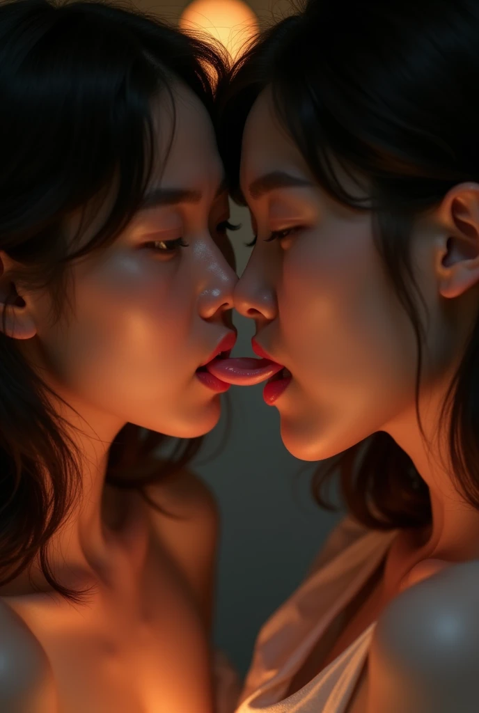 Korean woman running her tongue across another girl's lips