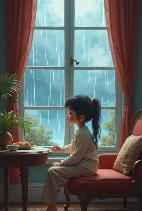 Cute  is sitting in the beautiful room.  Behind her there is a big glass window.  And outside the window there is raining heavily.  Girl is facing camera 