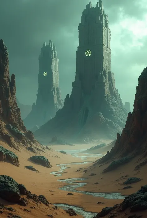 A scene of extraterrestrial ruins on a distant planet, showing ancient, otherworldly architecture partially buried in sand, with symbols and carvings glowing faintly.