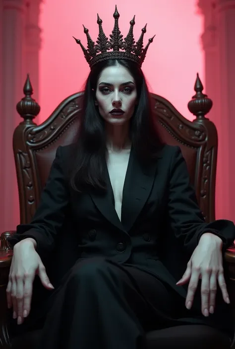 A dark queen . pale skinned,  very feminine features ,  long nails and representative crown .  Dressed in an elegant black suit ,  on a throne and around her abysmal slaves.  The background of her kingdom in pastel pink tones . 