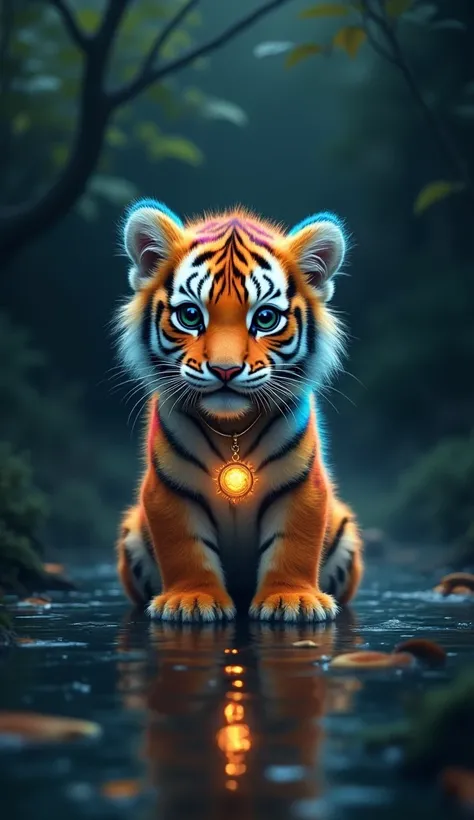 Tiger cub with rainbow-colored fur, The baby tiger is wearing a necklace with a sun pendant in a dark lake setting