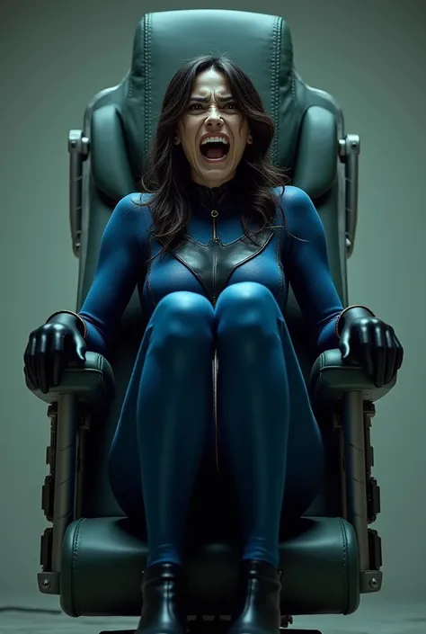 Realistic photo of Batgirl in her early 30s, restrained in an electric chair. She is sitting upright in a blue and black suit, with black gloves and black boots. She is screaming for help, crying. Her arms and elbows are resting firmly on the armrests of t...