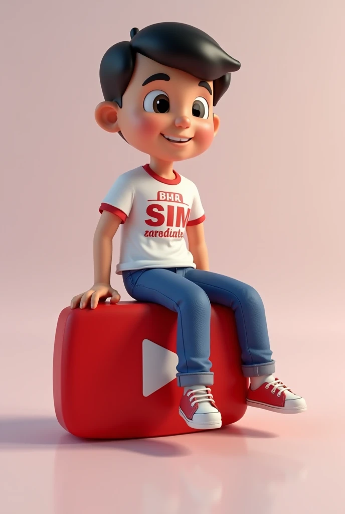 A boy setting casually on top of YouTube Logo, The creator must wearing SIM 2 name printed tshirt. The background of the image is a social media profile pege you the user name "SIM 2 MEDIA" and a profile picture of character, 3d