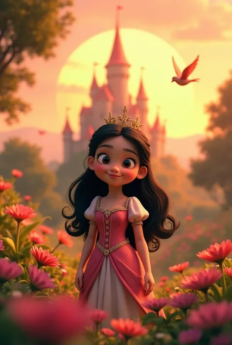 A beautiful young princess lwith fair skin, rosy cheeks, and long black hair standing in a lush garden filled with colorful flowers and fluttering birds. Her castle looms in the background, with a golden sunset lighting up the sky. Whimsical 3D Pixar style...