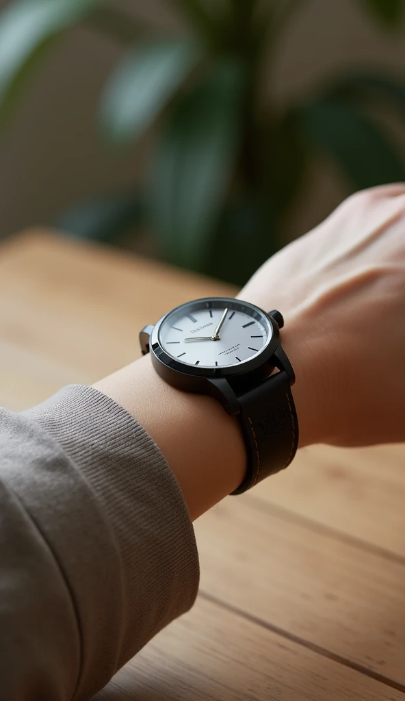 Rested on a surface :  Place the arm on a table or clean surface,  with the watch at an angle that makes it stand out .