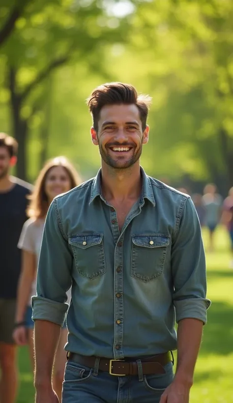 the same handsome man with brown hair and brown eyes of Slavic appearance infected with energy, freed from negative emotions , smiles and walks with friends in the park.  realistic photo