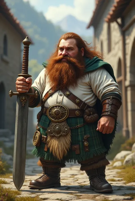 Sturdy and short role-playing dwarf with short beard, long brown loose hair and kilt mac Lachlan modern sporran white medieval linen nightgown and two-handed sword