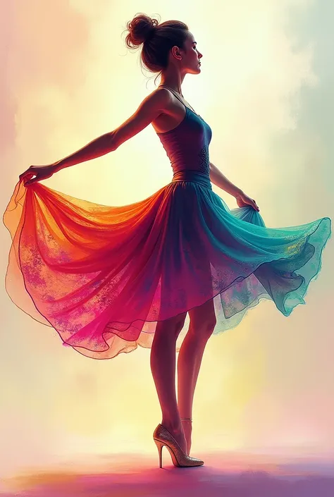 Image of a silhouette of a ballerina wearing a wide, flowy and long dress in bright colors in an impressionist style with multiple gradient colors