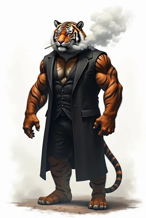 A tiger mafia boss smoking cigarettes and standing on leaning position and lokling left side, white  white background, 